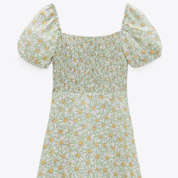 NWOT ZARA Floral Daisy Printed Linen Blend Dress Straight Neckline - Picture 5 of 10